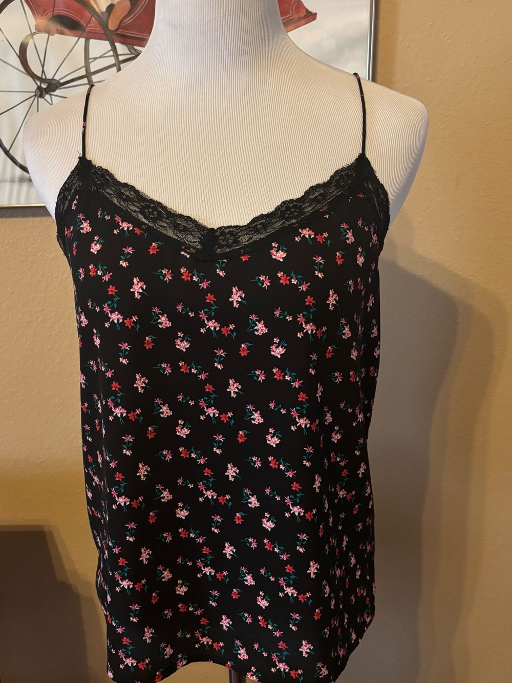 H&M Black Floral Lace-Trim Cami with Pink & Red Blossoms Size S/M